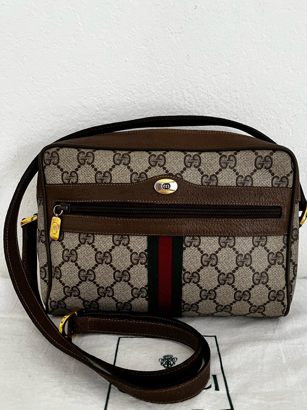 Rare Gucci Saddle Brown/Cognac GG Supreme Sherry Line Crossbody 1977-81
